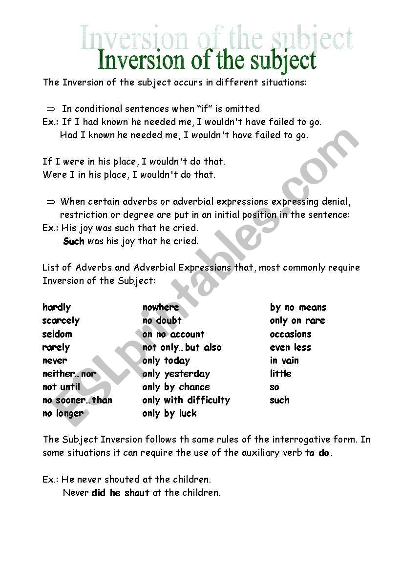 Inversion Of The Subject ESL Worksheet By Elisamedeiros