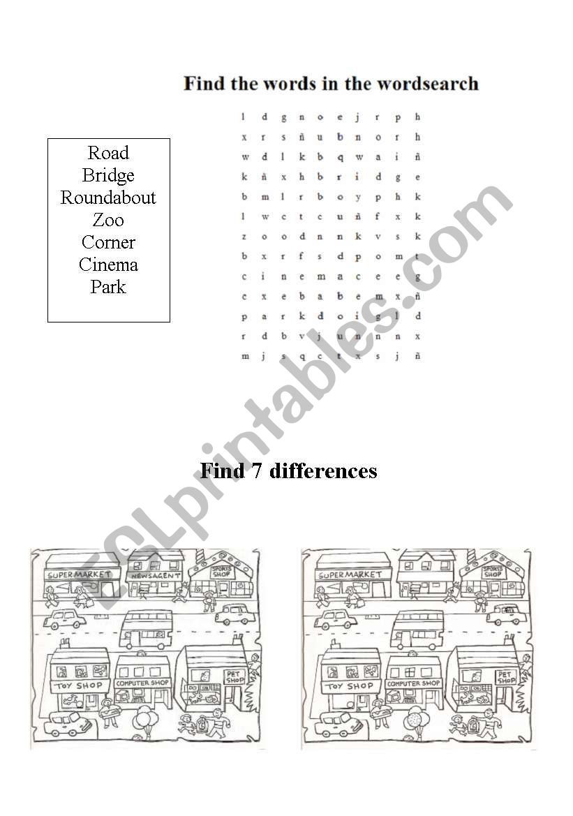 Around town wordsearch and find the differences