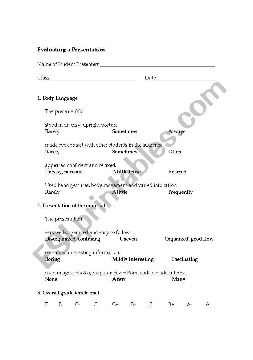 Student evaluation form for peer presentations