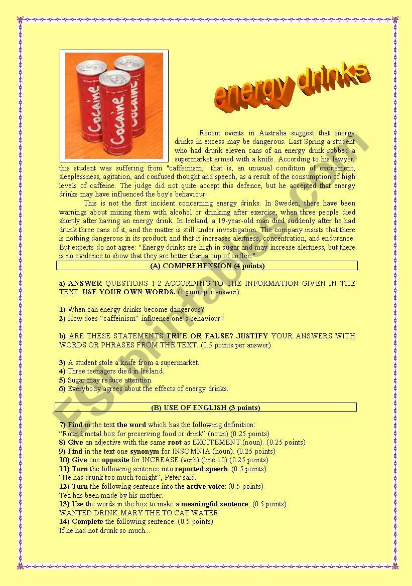 ENERGY DRINKS worksheet