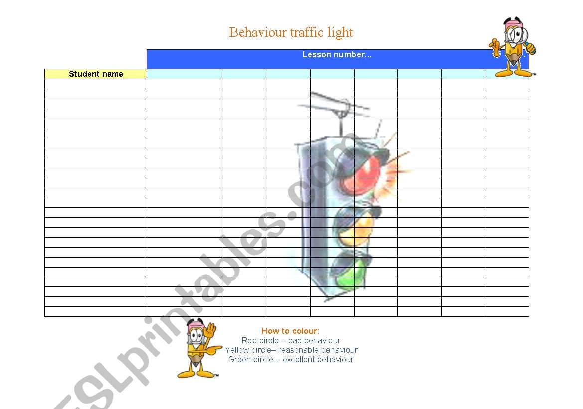 Behaviour traffic light worksheet