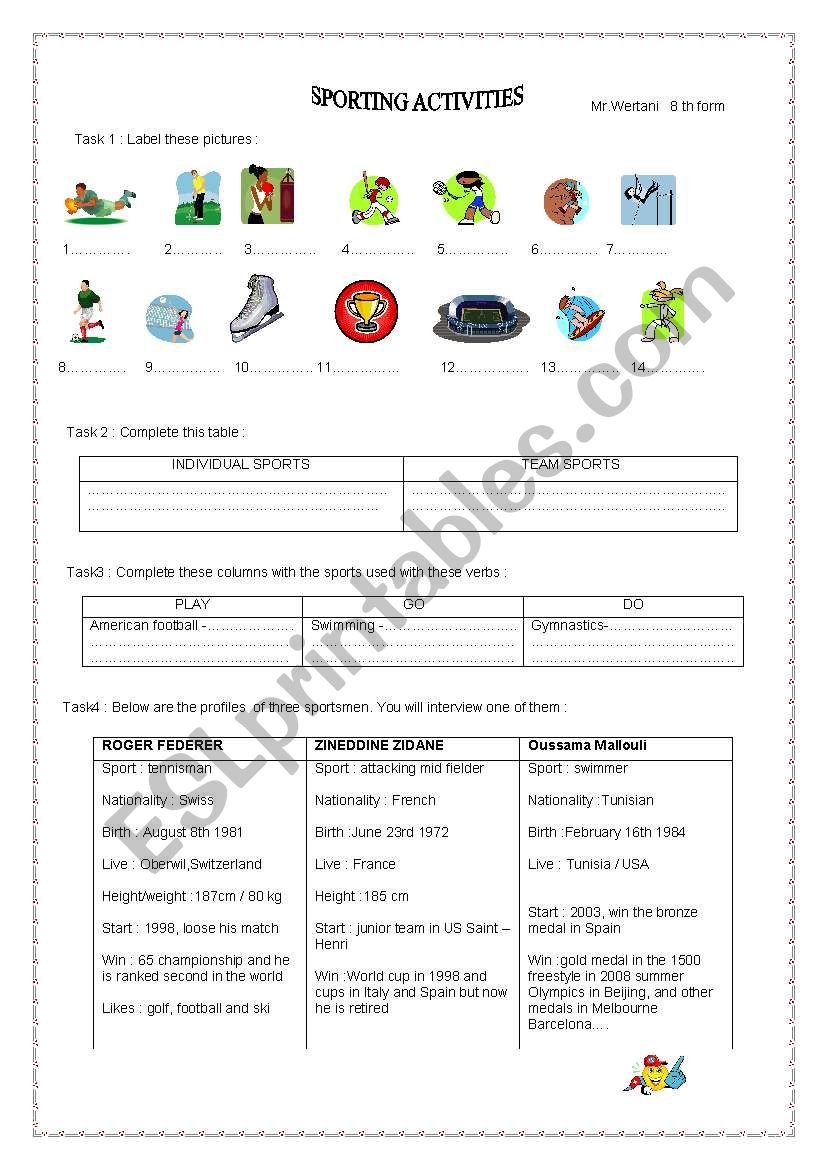 sporting activities worksheet