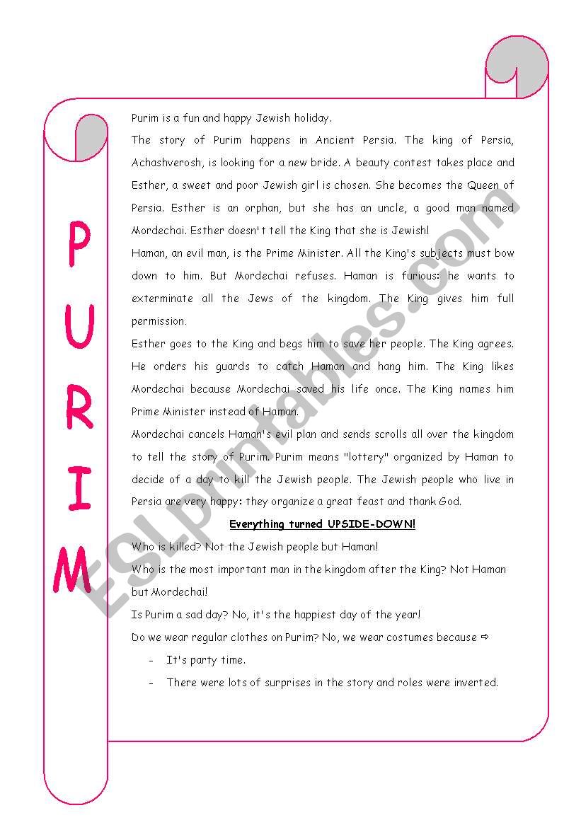 PURIM  worksheet