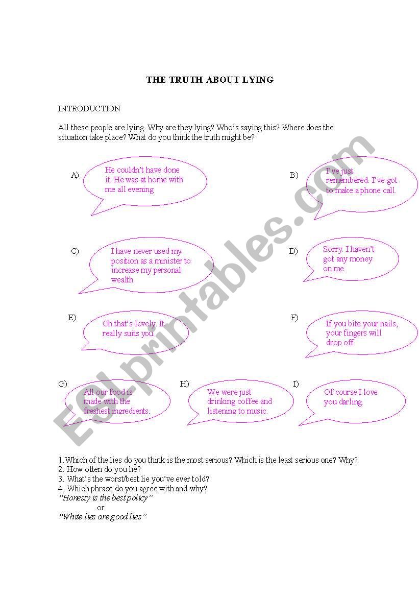 The Truth About Lying worksheet