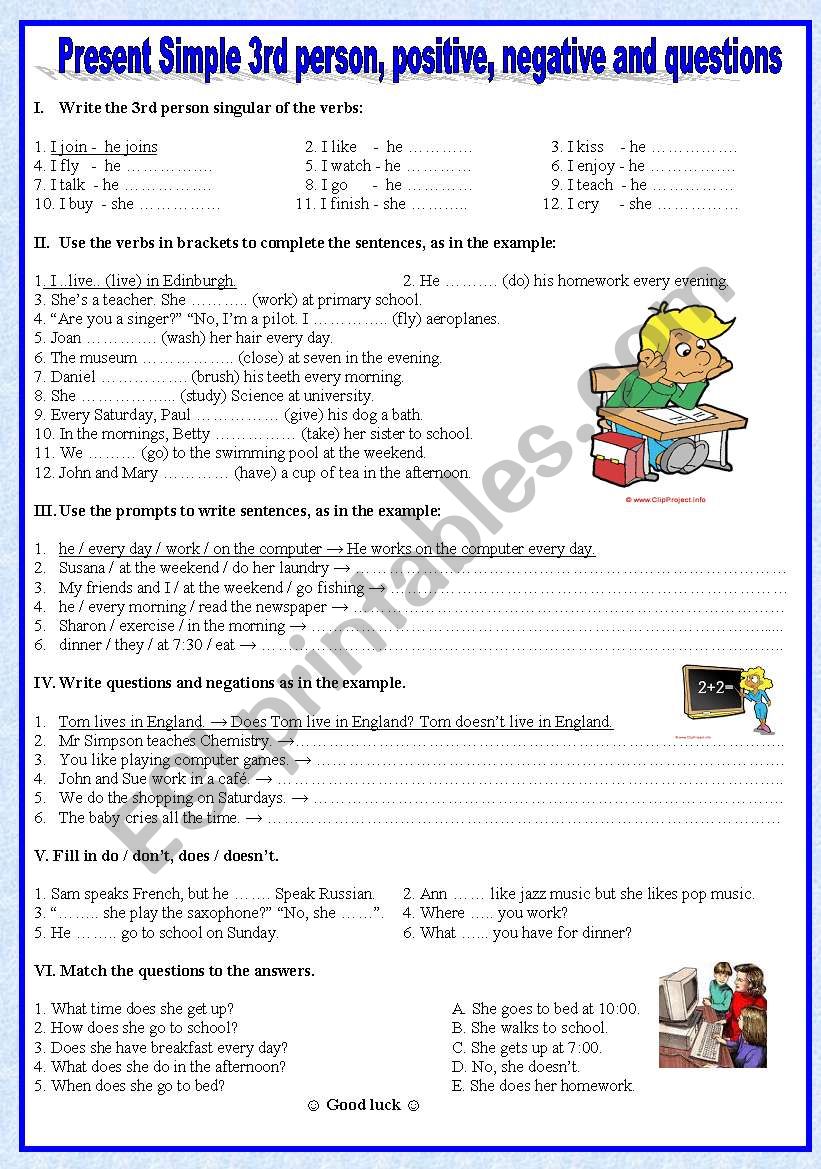 Present Simple 3rd person, affirmatives, negatives and questions