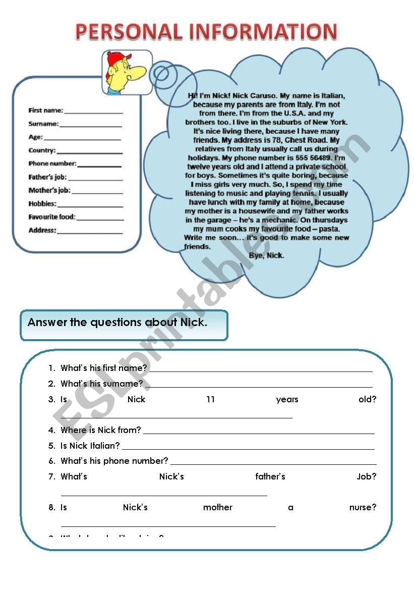 PERSONAL INFORMATION - READING AND COMPREHENSION