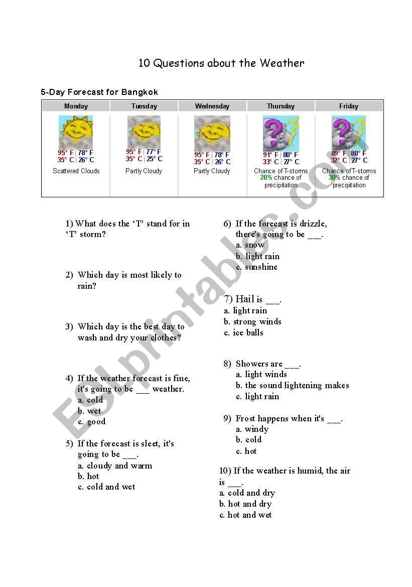 A worksheet with 10 questiions about the weather