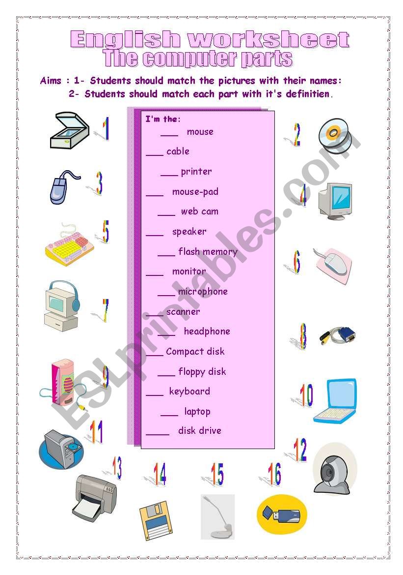 computer parts2 worksheet