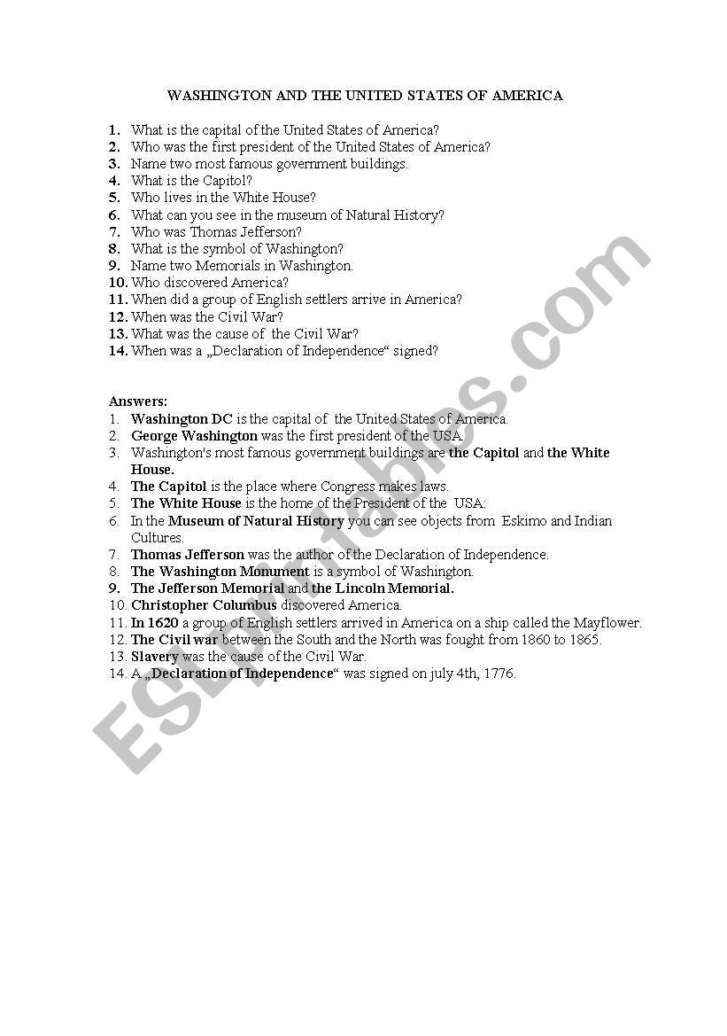 the Usa and Washington Dc worksheet