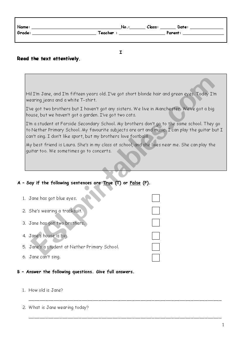 written test worksheet