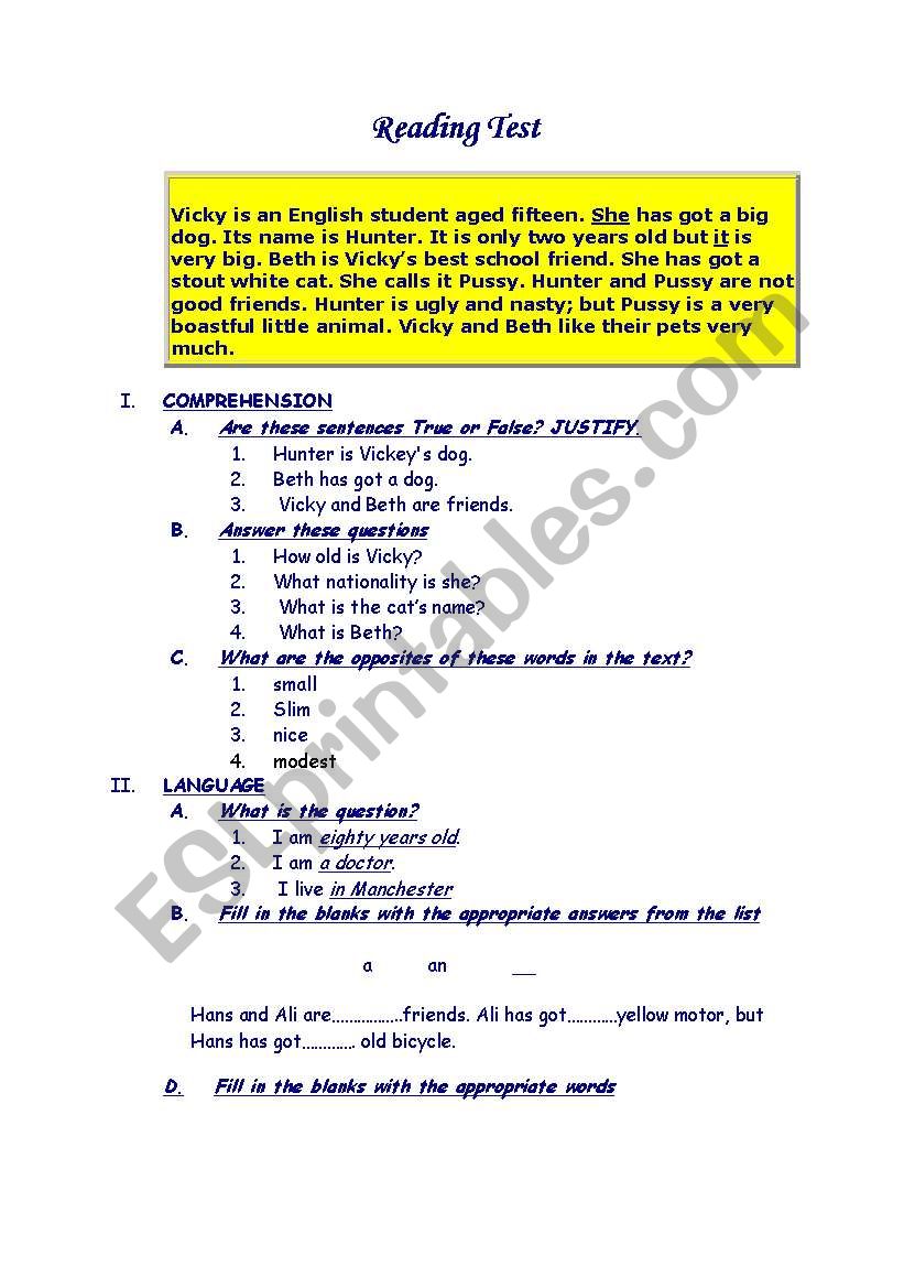 reading test worksheet