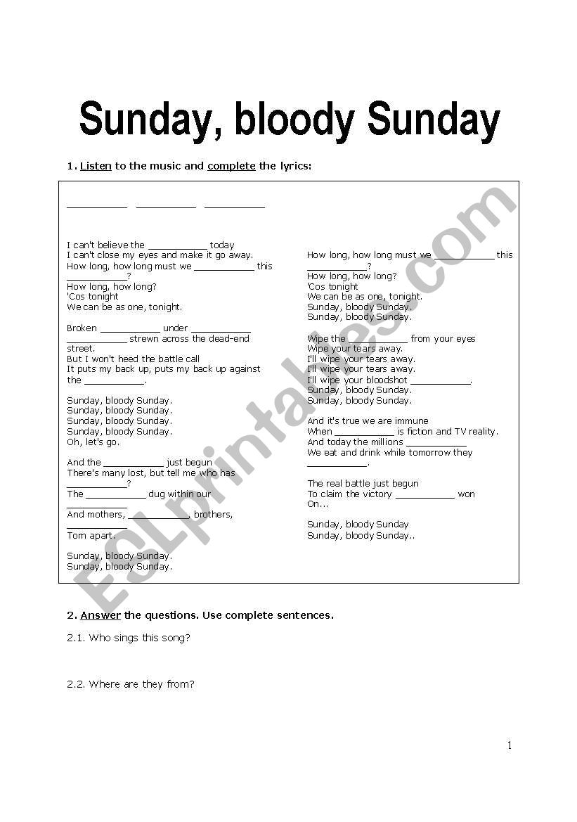 Sunday, bloody Sunday worksheet
