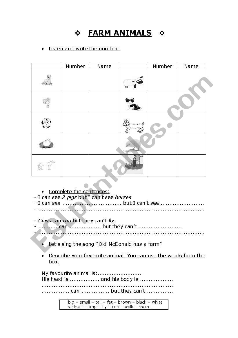 farm animals assessment worksheet