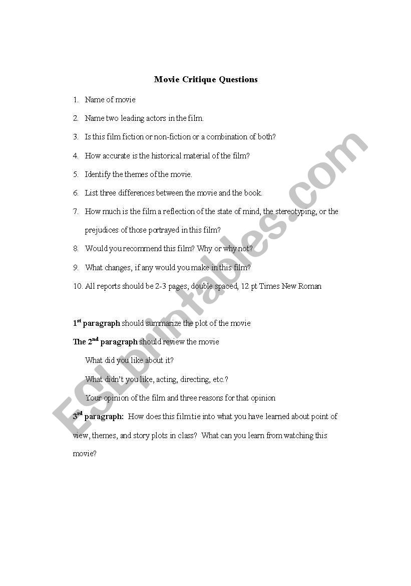 Movie Critique Questions worksheet