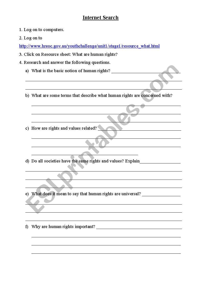 Human rights Internet Search - ESL worksheet by aldridge Throughout I Have Rights Worksheet