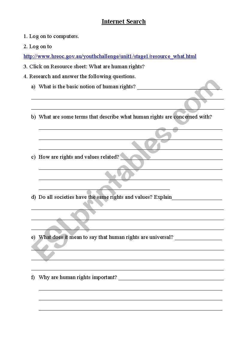 Human rights Internet Search worksheet