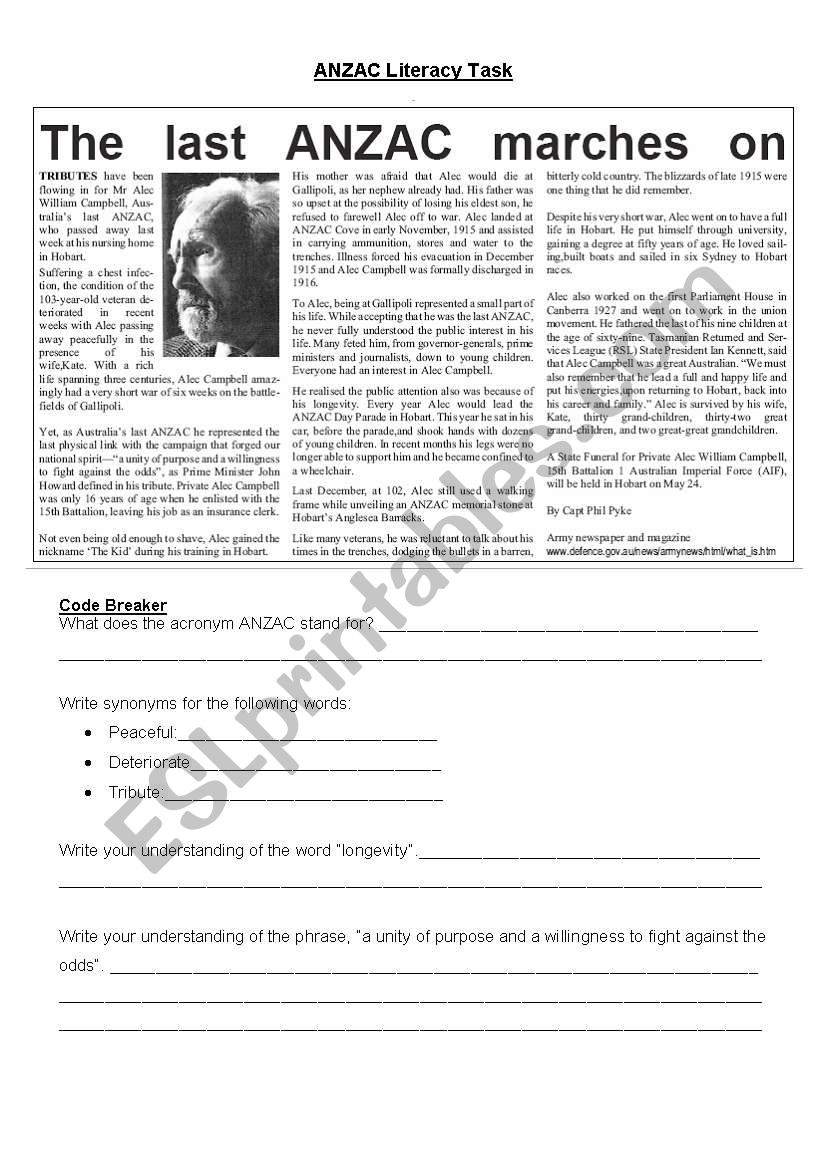 ANZAC Literacy Task worksheet