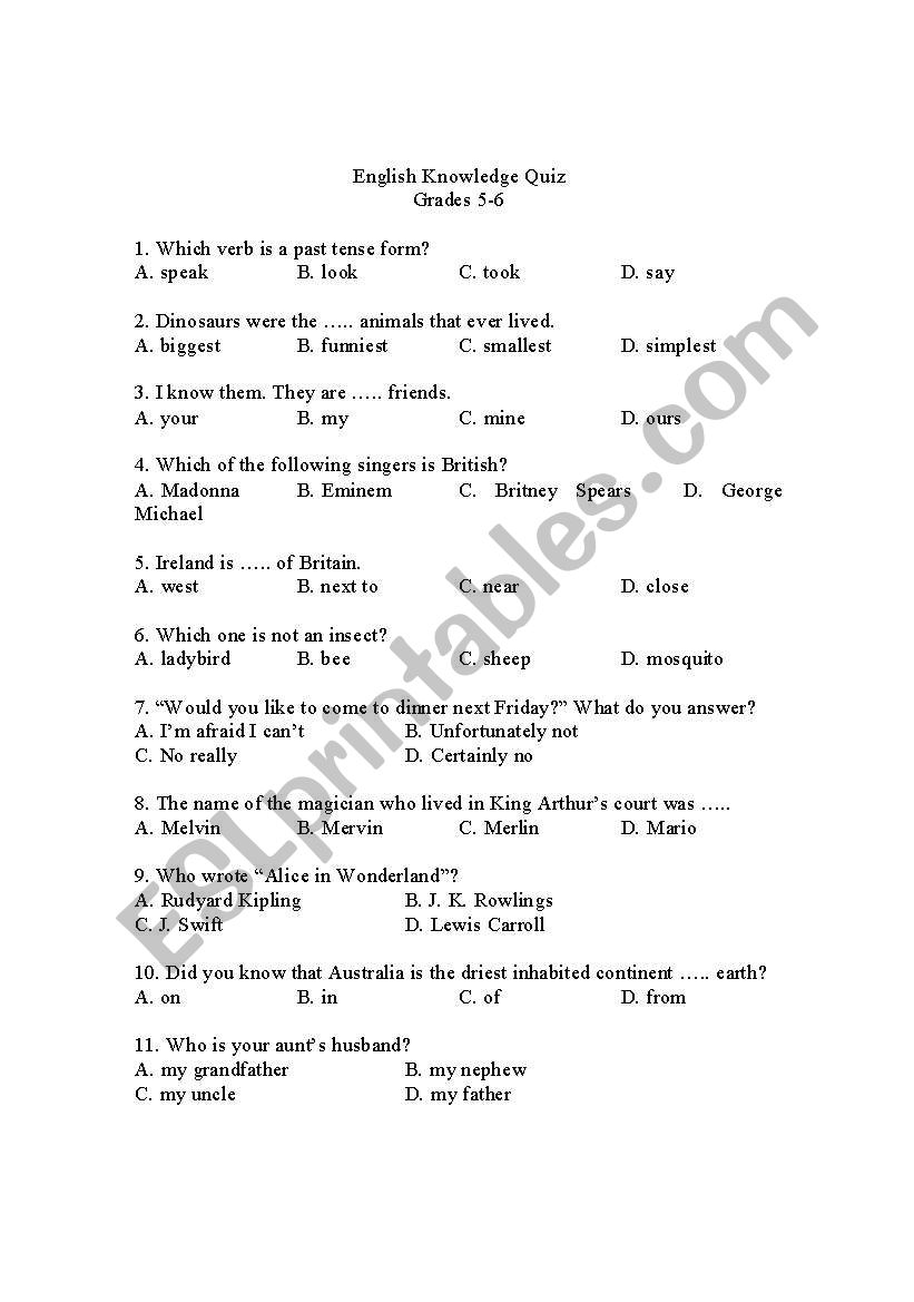 quiz worksheet