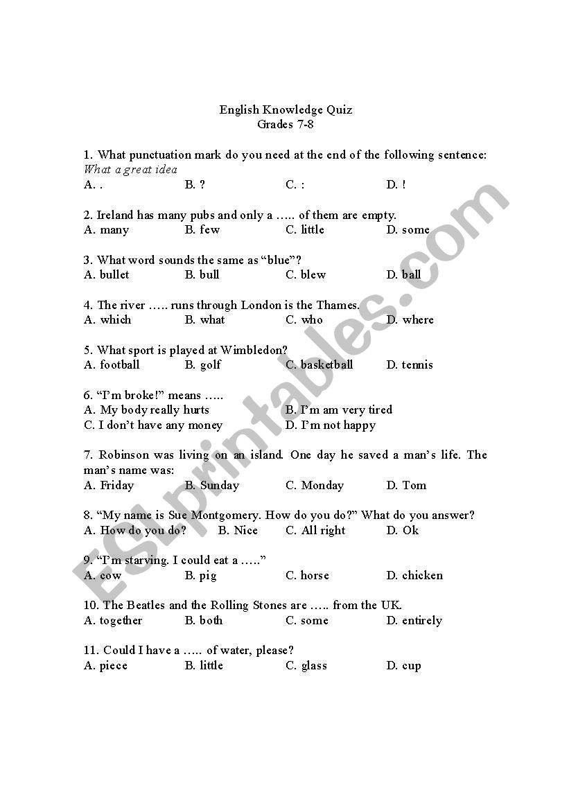 quiz grades 7-8 worksheet