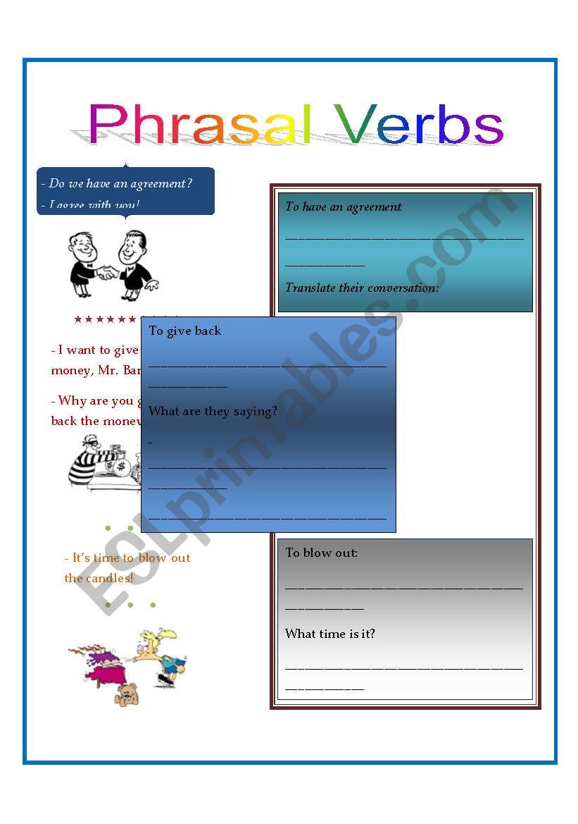 English Worksheets Phrsal Verbs With Ilustration And Space To Translate