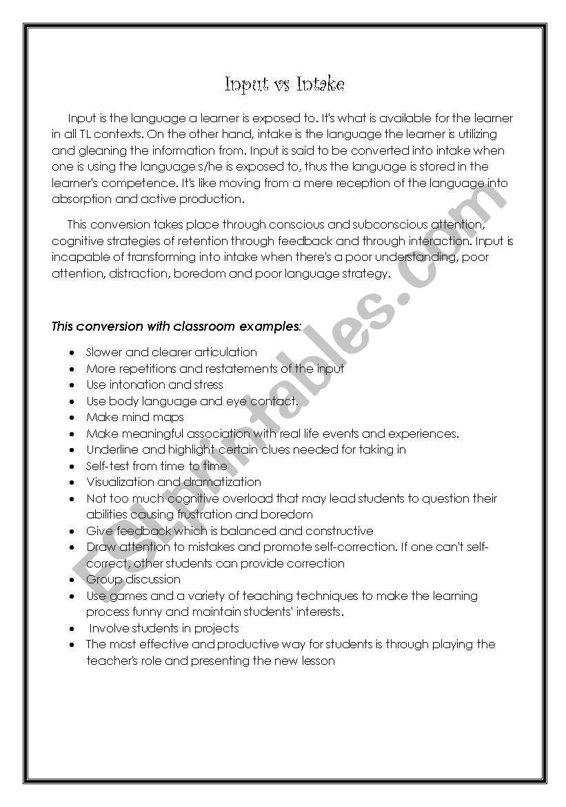 Input vs Intake worksheet