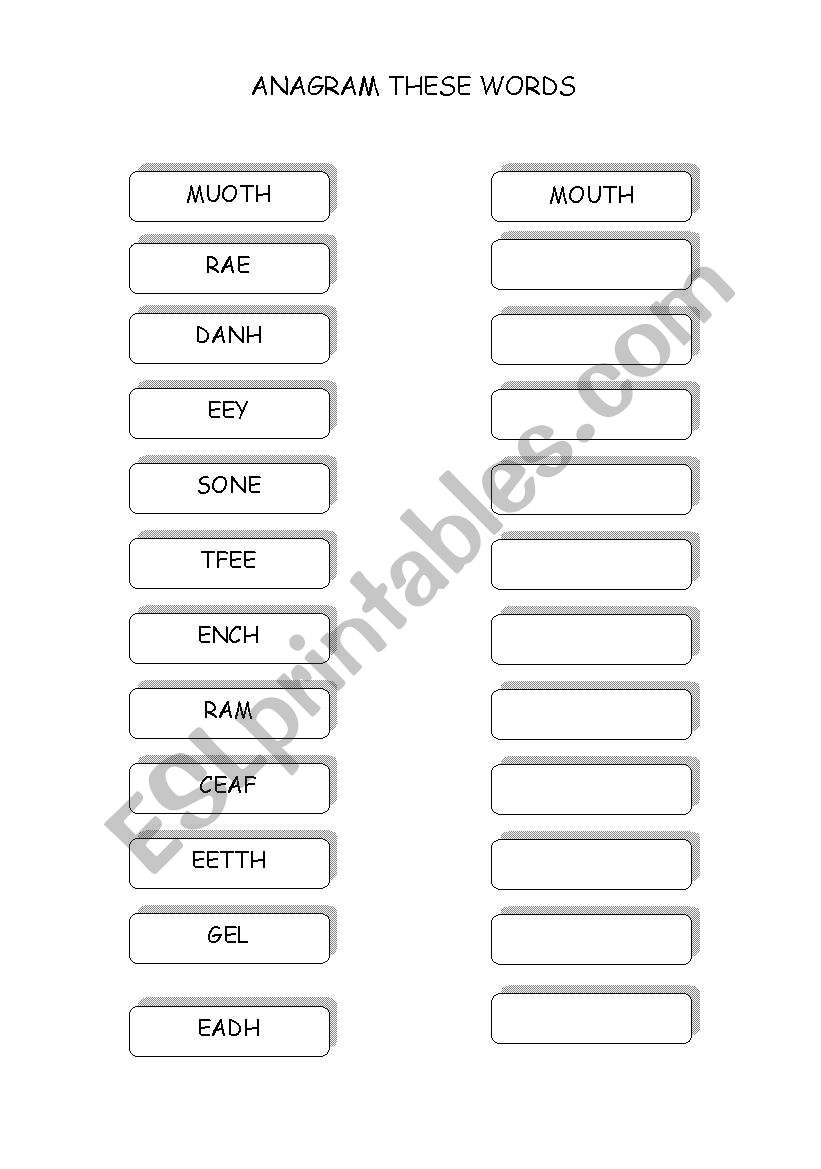 anagram the body parts worksheet