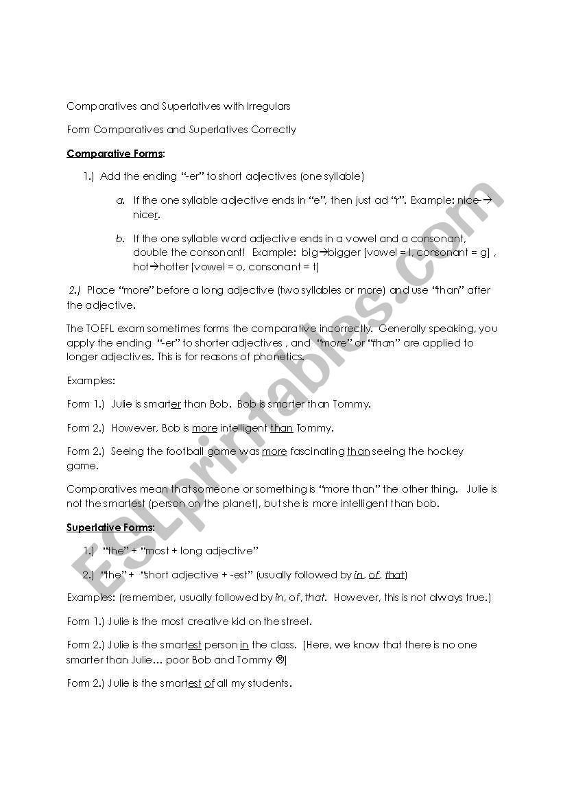 Comparatives and Superlatives with Irregulars and exercises