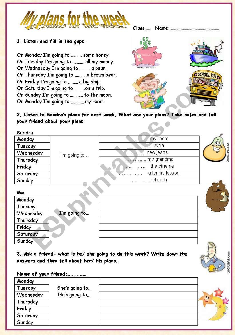 Days of the week-be going to- (My plans for the week) Page 2-teachers guide. 
