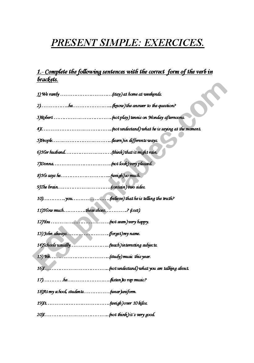 Present simple sheet worksheet