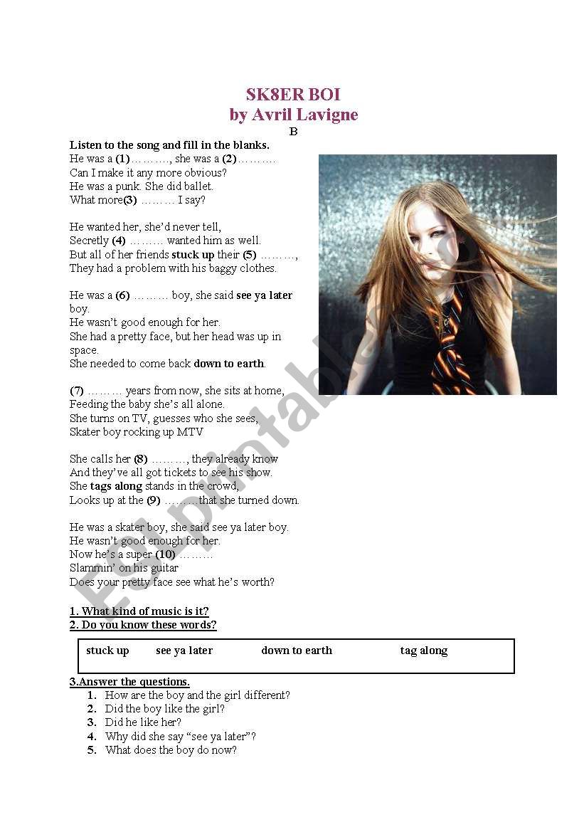 SK8ER BOI by Avril Lavigne worksheet