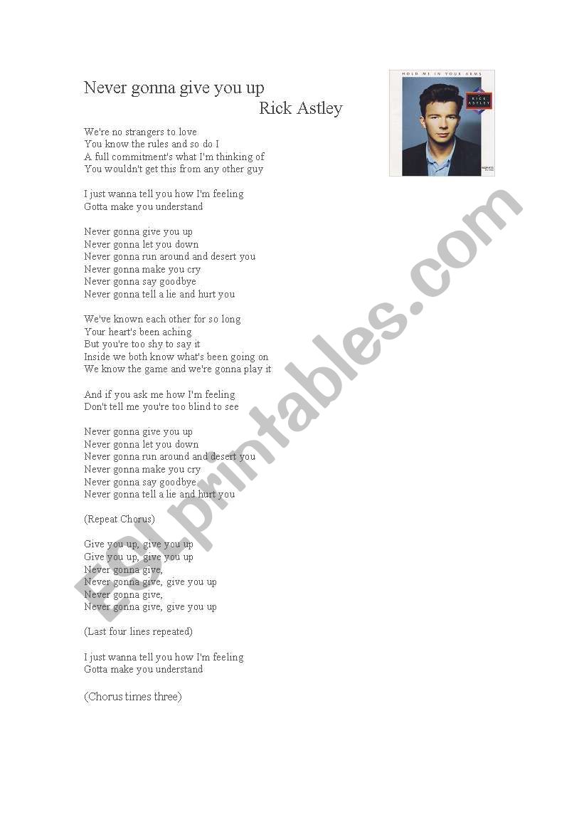 Never gonna give you up worksheet