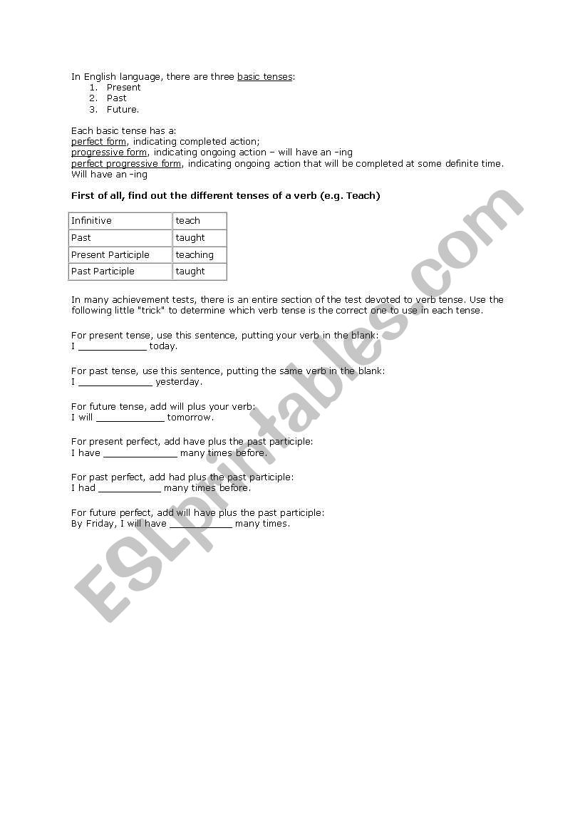 Brief summary of 12 tenses worksheet