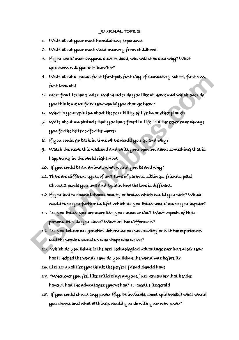 Journal Topics worksheet