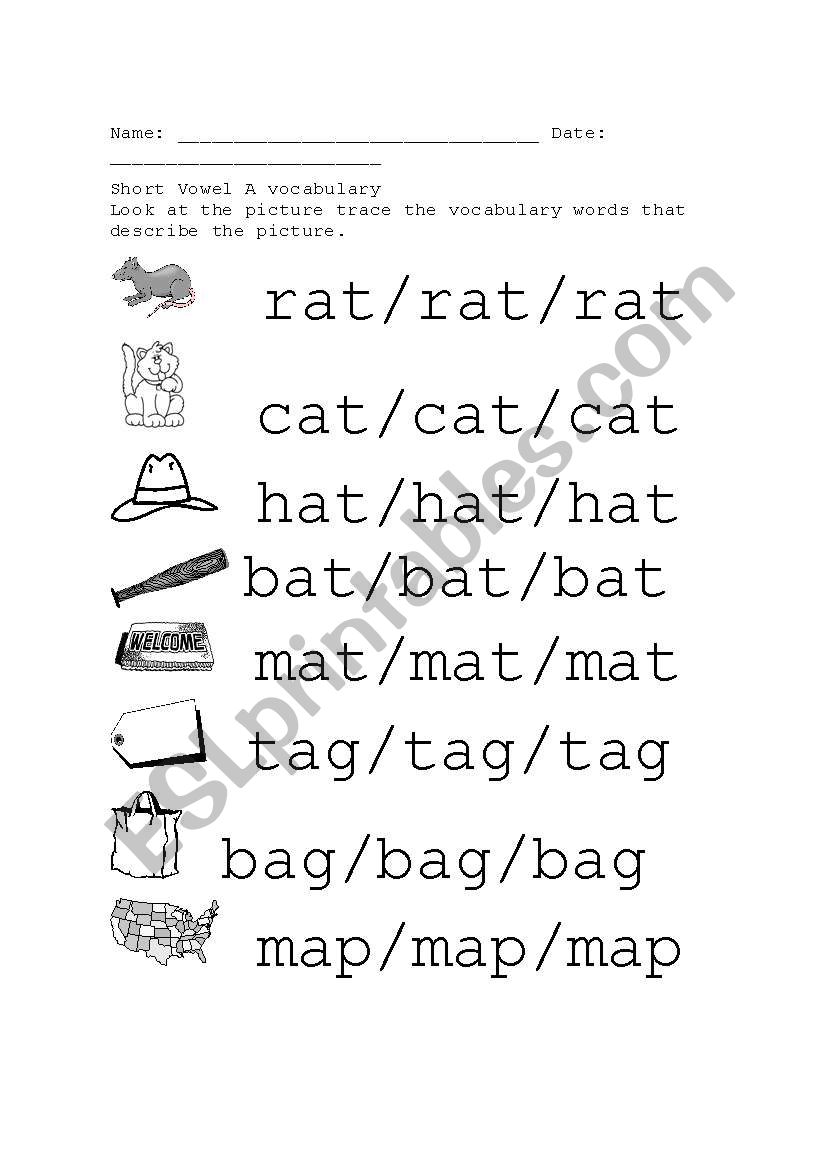English worksheets: Read, trace and build vocabulary words with short