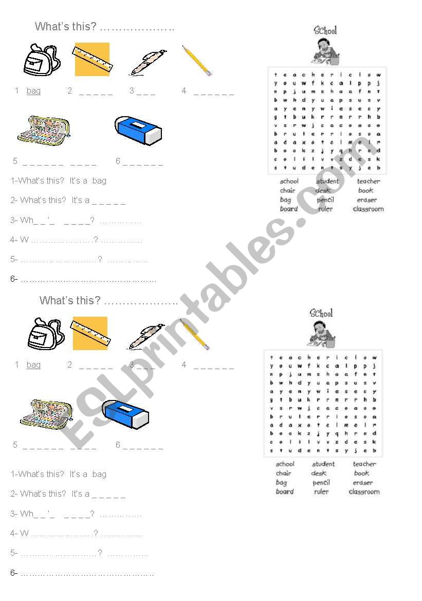 Classroom / my bag vocab worksheet