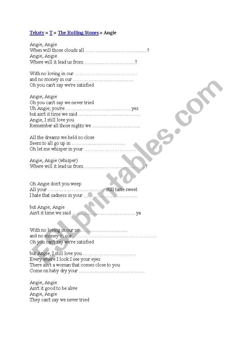 the rolling stones Angie worksheet