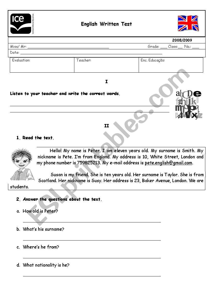 5th grade test worksheet