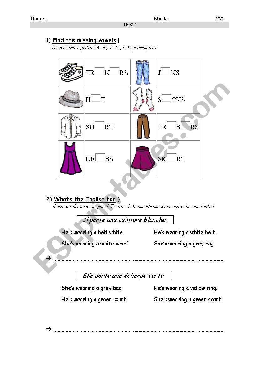 EASY TEST ON CLOTHES worksheet