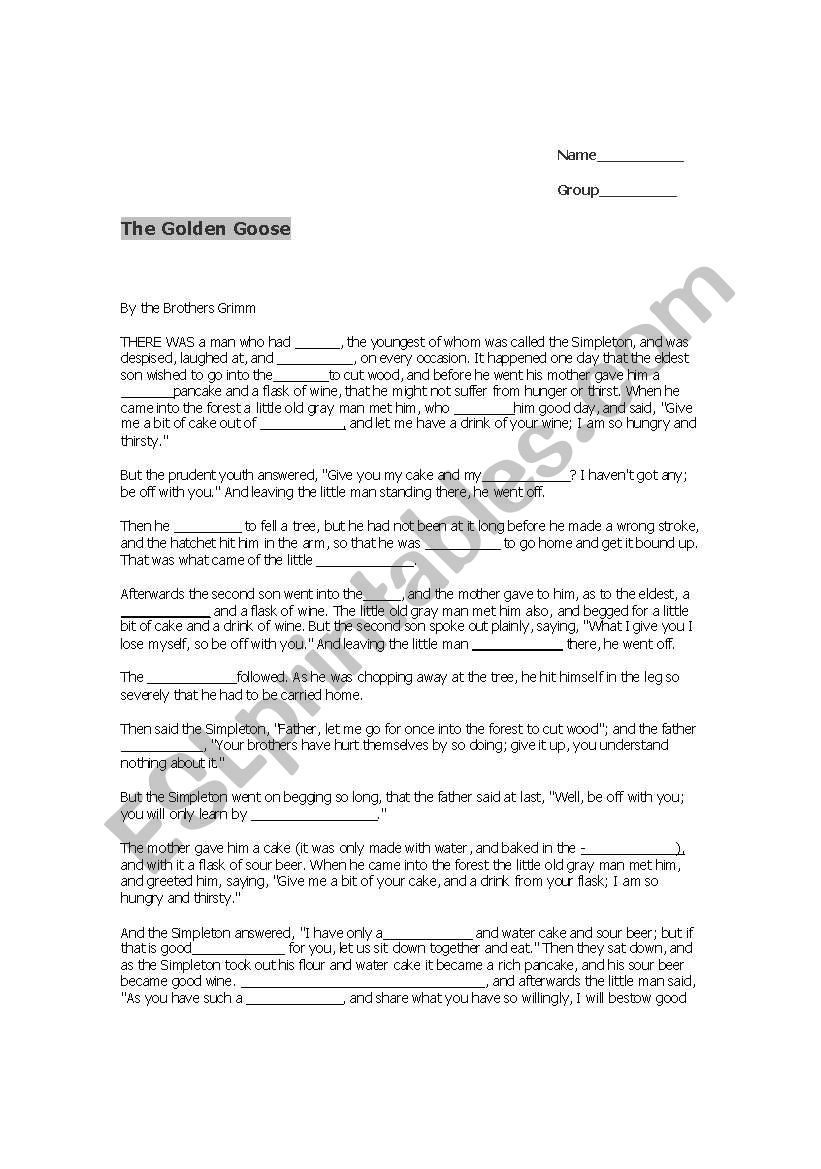 golden goose story  worksheet