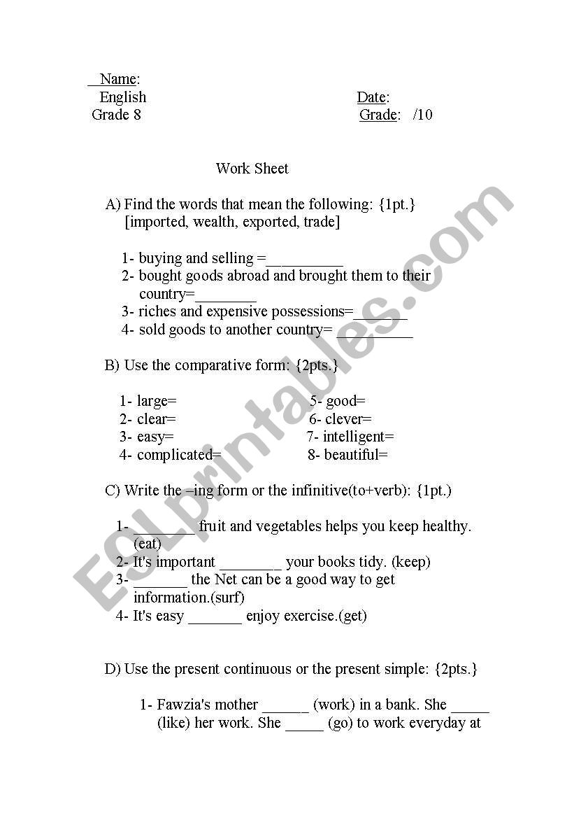 english sheet worksheet