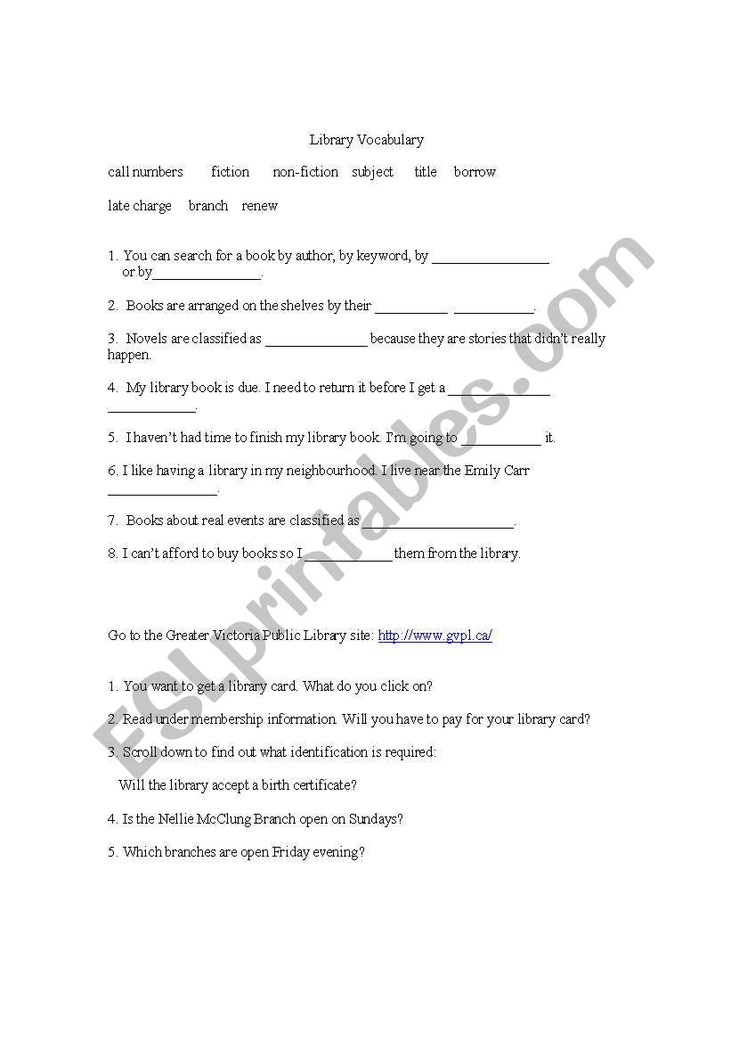 Library Vocabulary worksheet