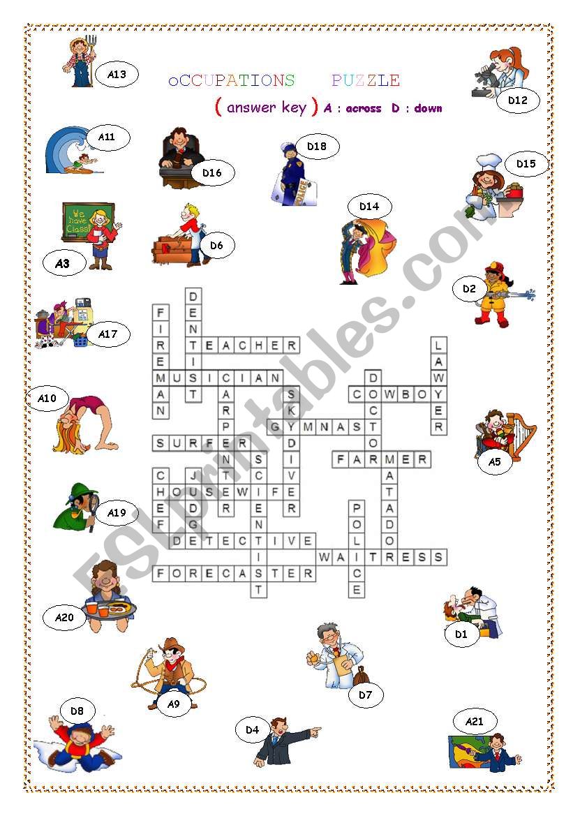 OCCUPATION PUZZLE ANSWER KEY  worksheet