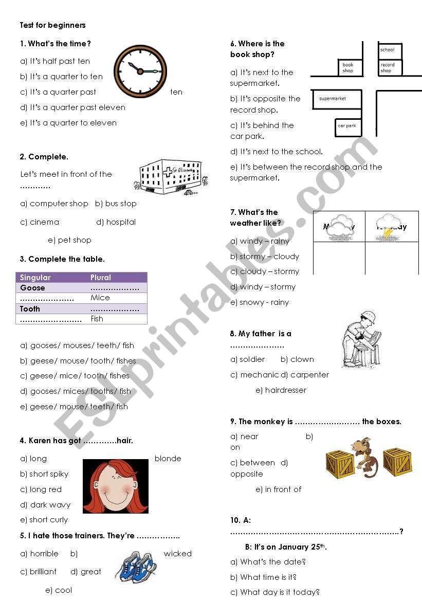 test for beginners worksheet