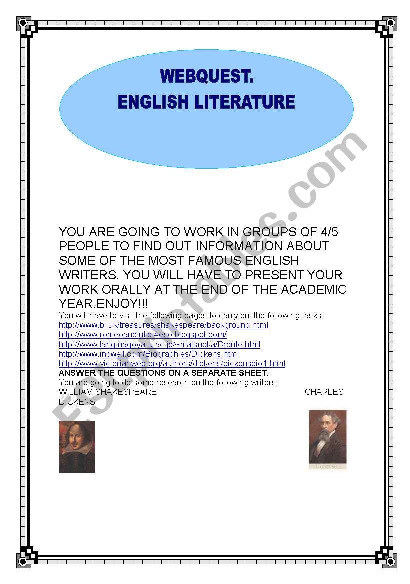 WEBQUEST; ENGLISH LITERATURE worksheet