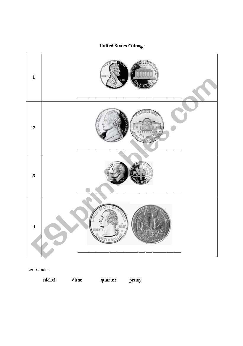 U.S. Coins worksheet