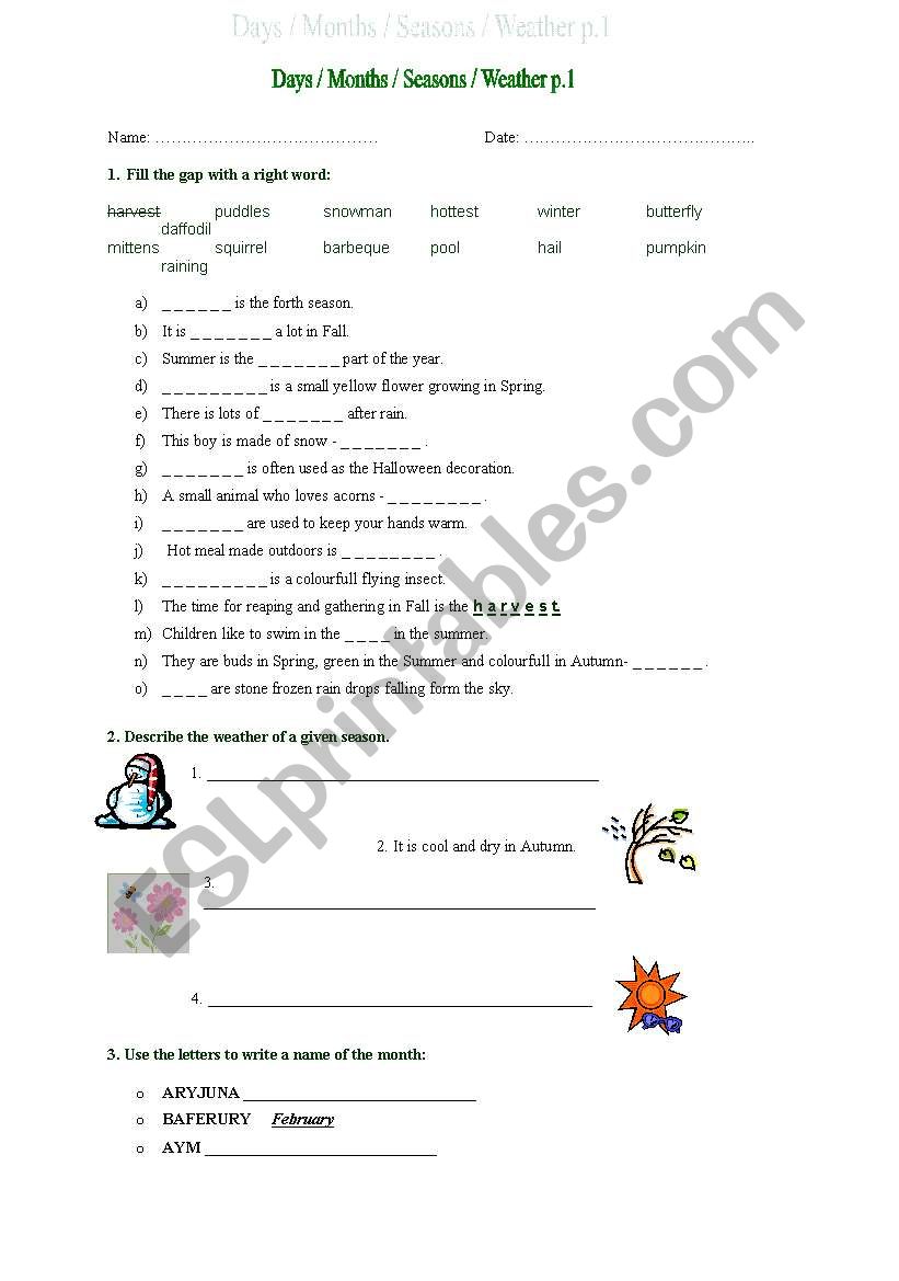 days months seasons p.1 worksheet