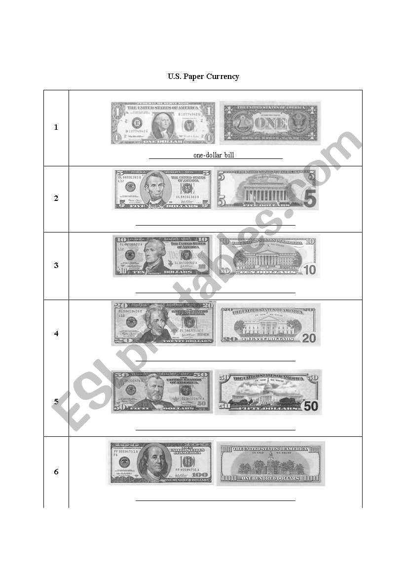 U.S. Paper Currency worksheet