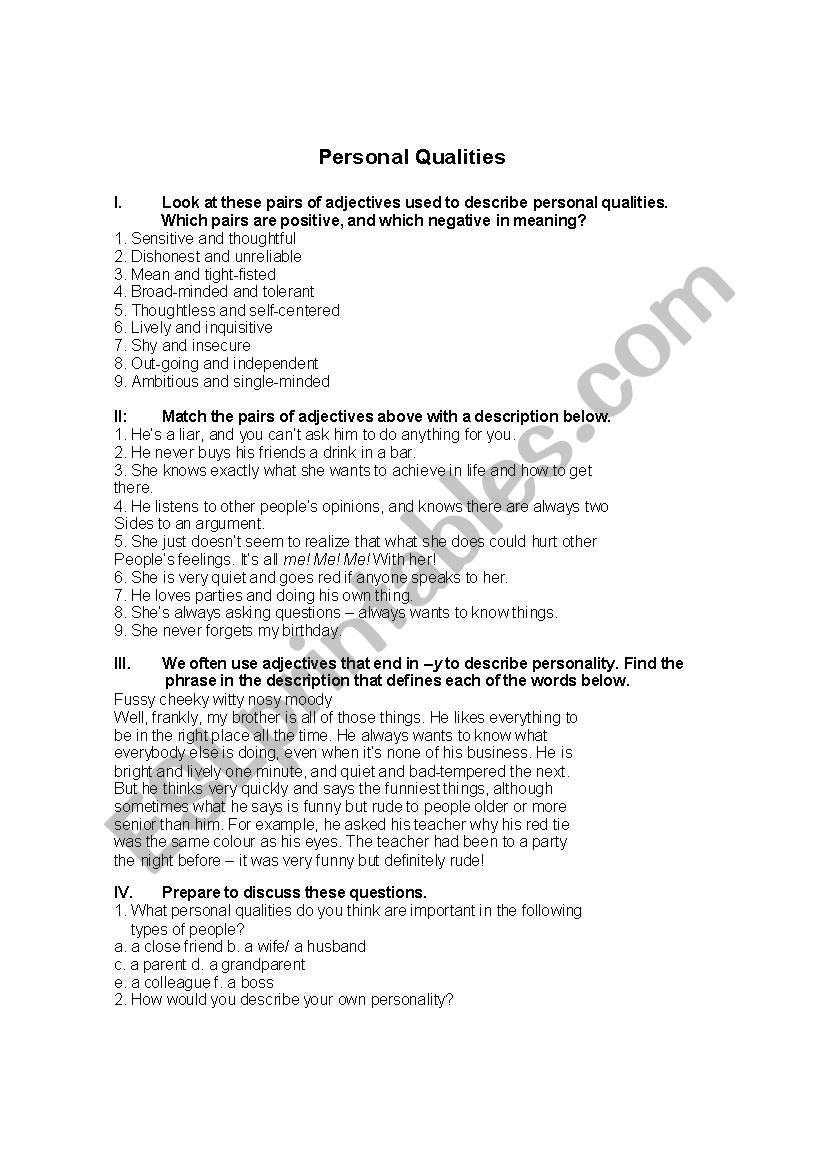 personal qualities worksheet
