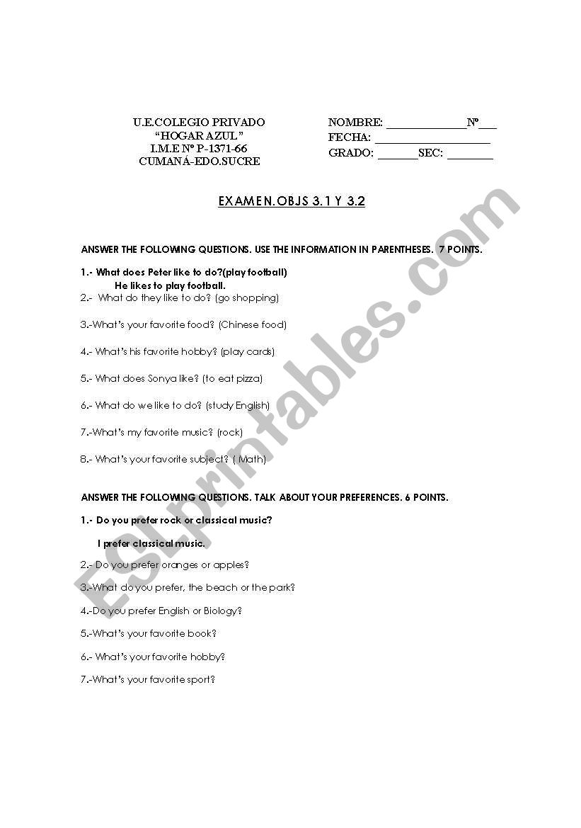 Likes and dislikes-Test worksheet