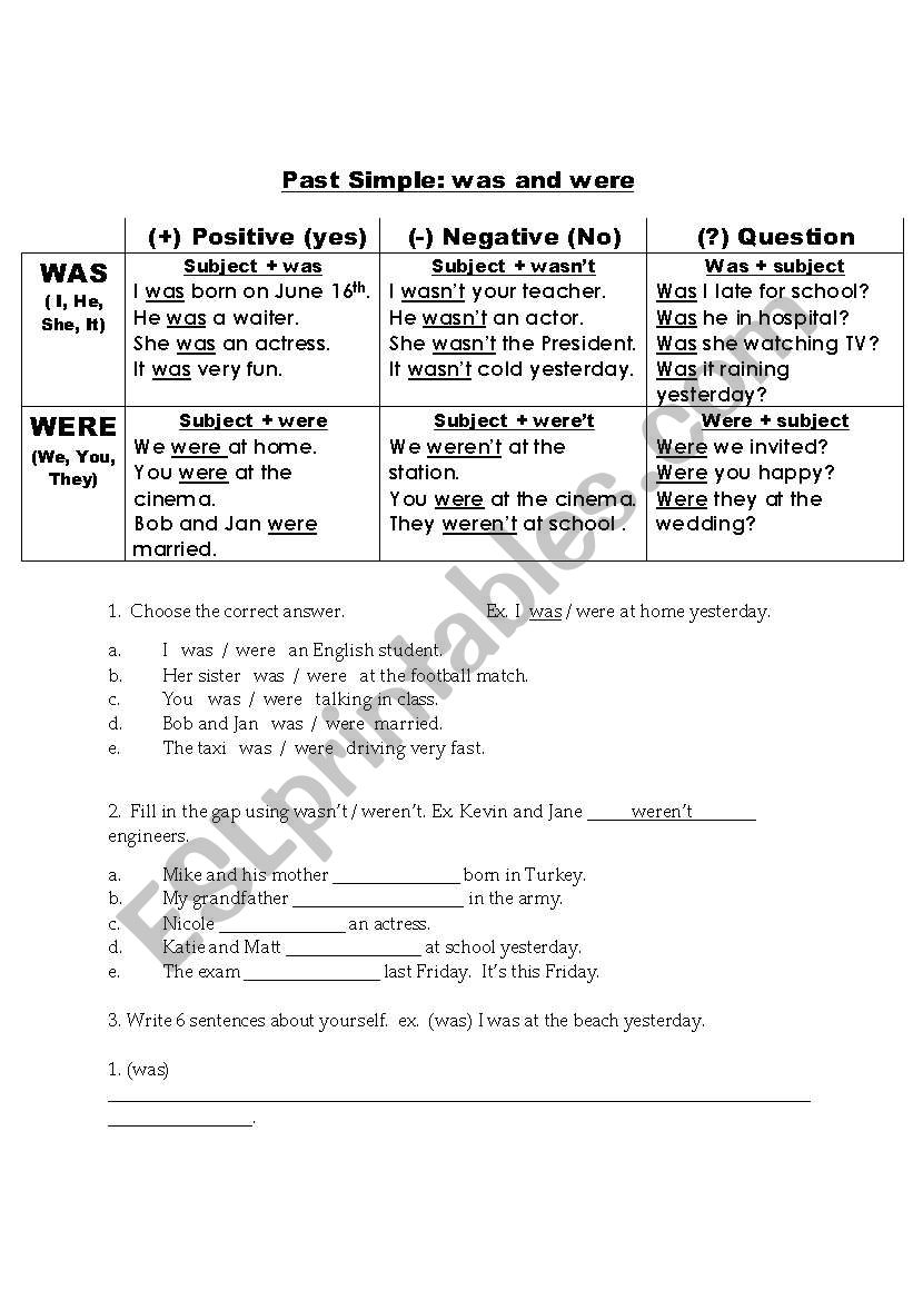 Past Simple (be) was/were worksheet